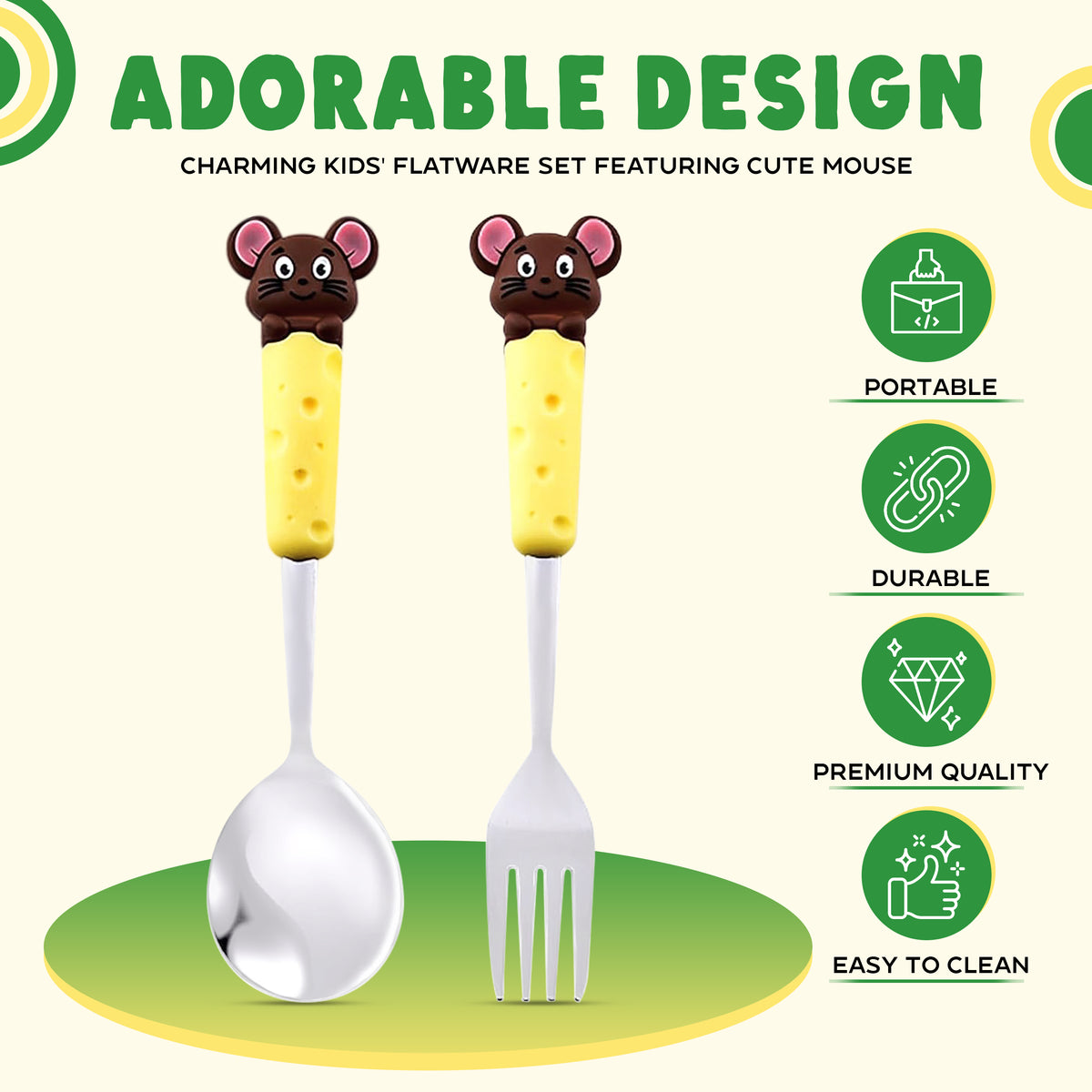 Set de 4 couverts pour enfants – Adorables poignées en forme d’animaux