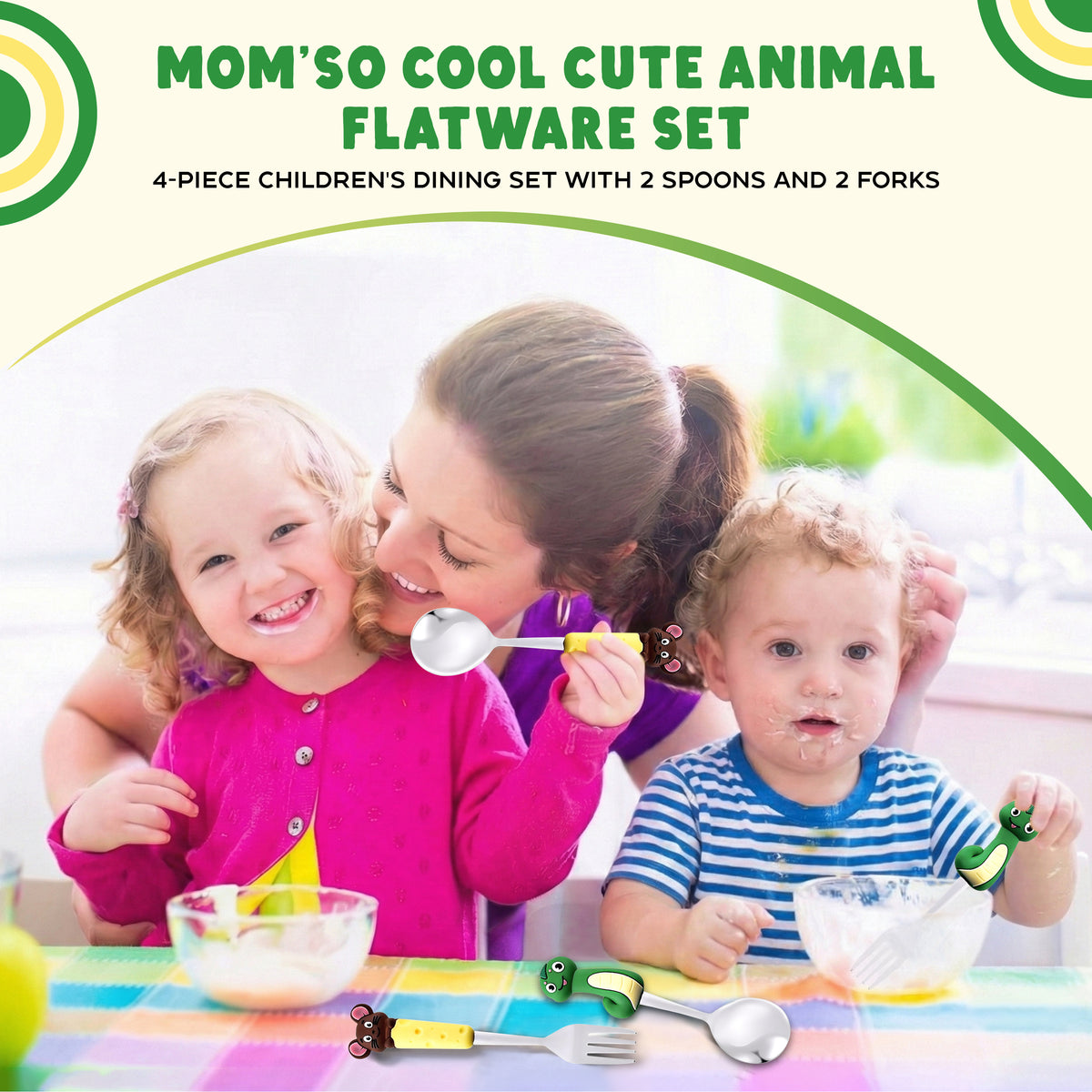 Set de 4 couverts pour enfants – Adorables poignées en forme d’animaux
