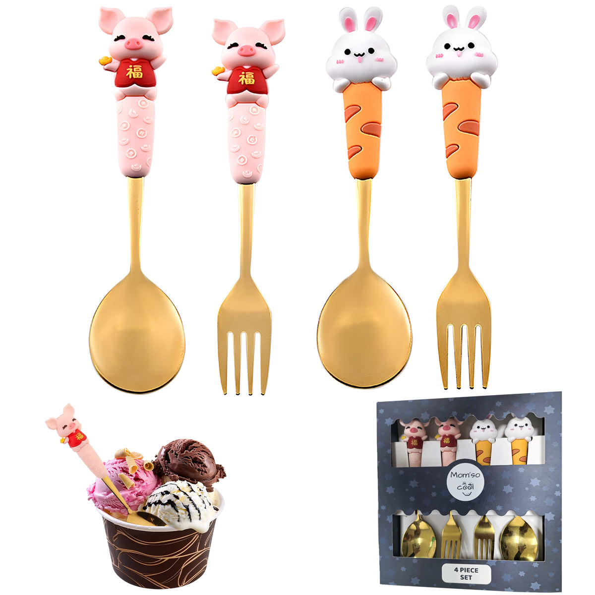Set de 4 pièces Golden Spoon : 2 fourchettes et 2 cuillères